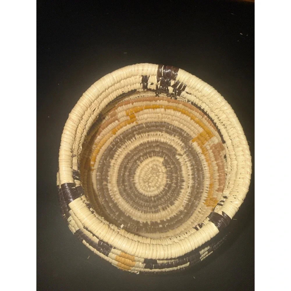 Hand Woven Coiled Basket Small Geometric Tribal Decorative Bowl Cream Brown 3.5